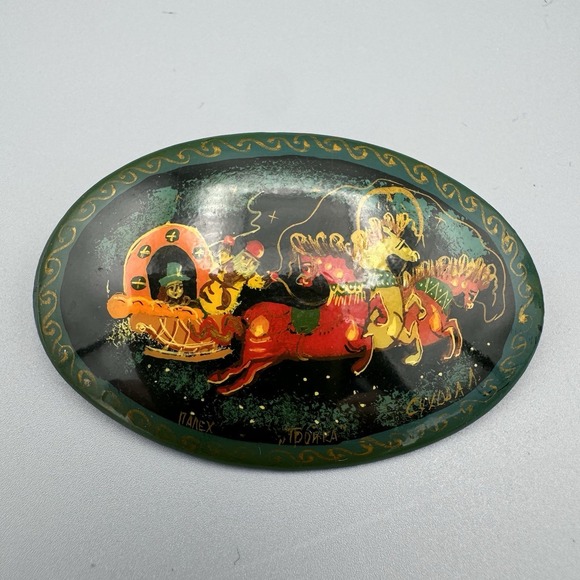 The Unbranded Brand Jewelry - Vtg Russian Wooden Hand Painted Black Lacquered Brooch Pin Horse Sleigh Signed
